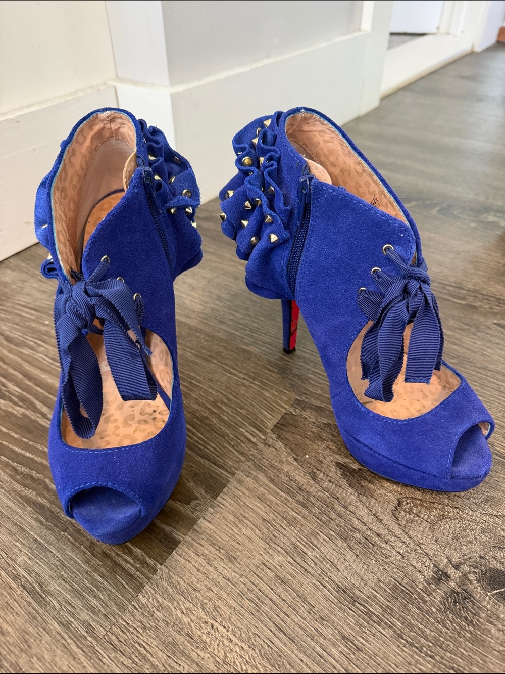 Betsey Johnson Royal Blue Suede Peep-Toe Heels with Bow & Stud Accents